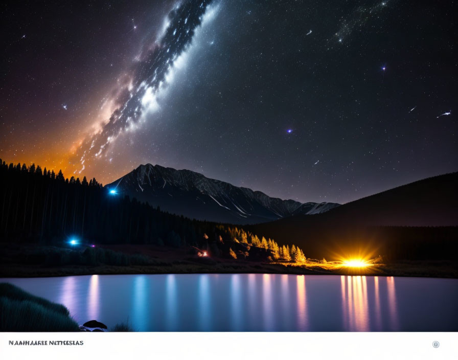 Starry Night Sky Over Mountain Range and Lake