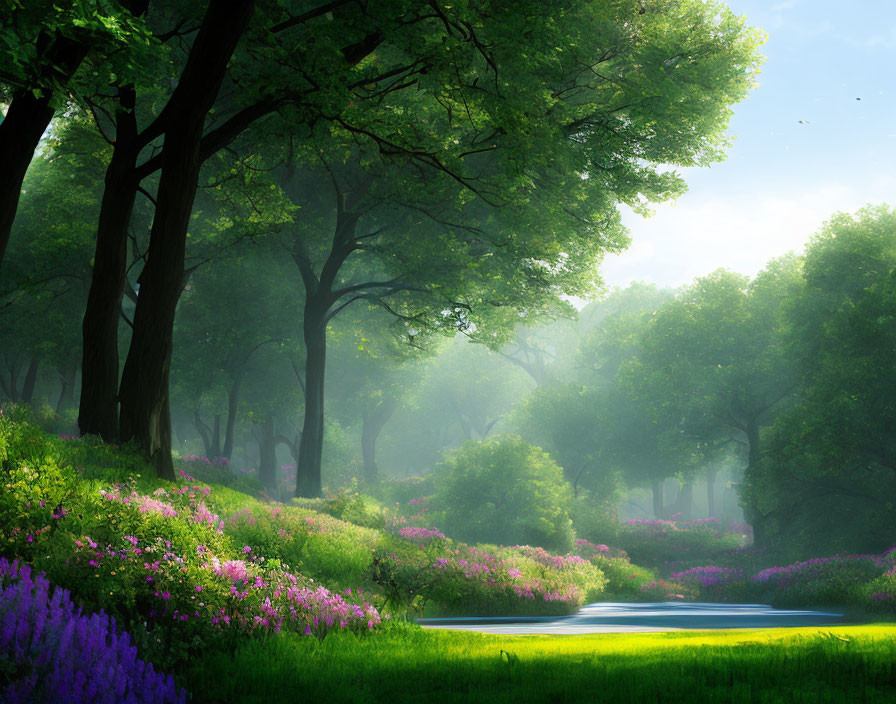 Tranquil forest scene with purple flowers, sunbeams, and reflective pond