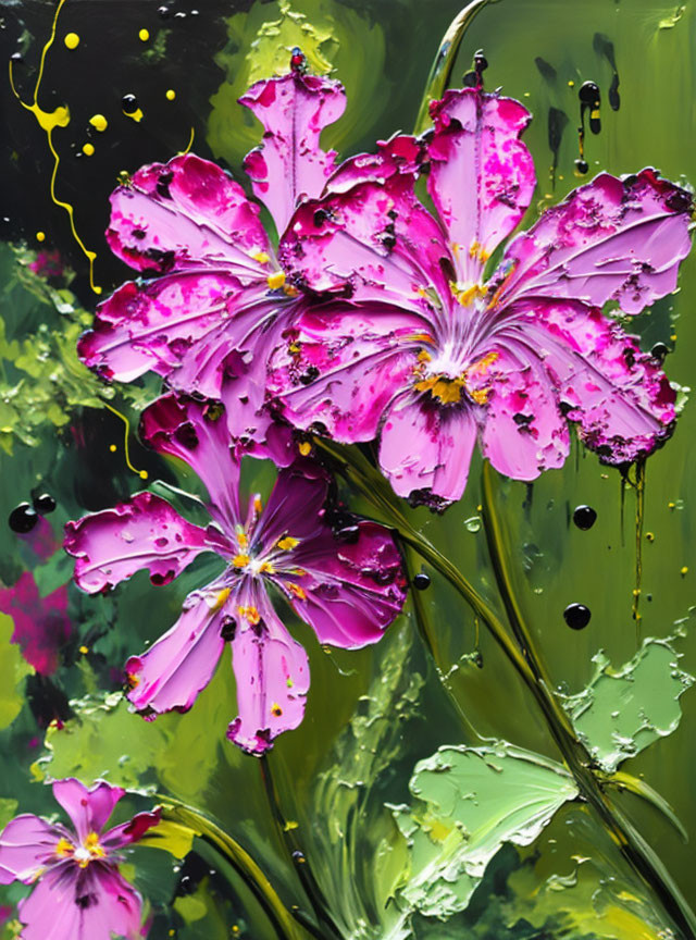 Vibrant Purple Flowers Painting with Yellow Accents