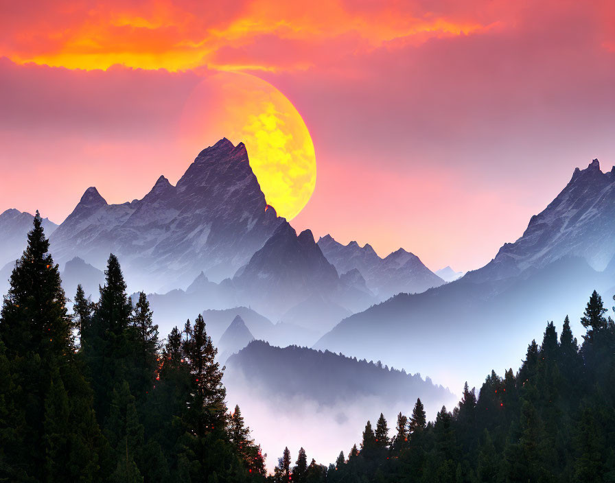 Vibrant sunset over rugged mountains and misty forest