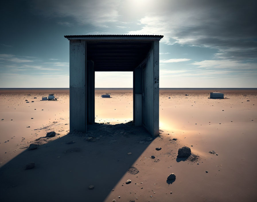 Desert landscape with solitary concrete structure and debris.