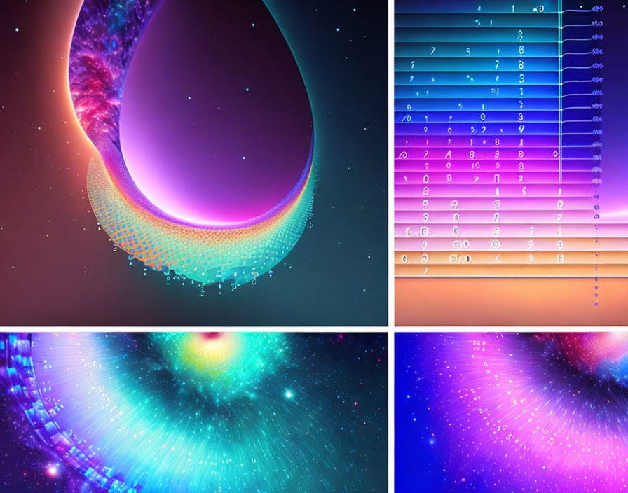 Vibrant digital art collage of wormhole, data interface, starburst, and space particles