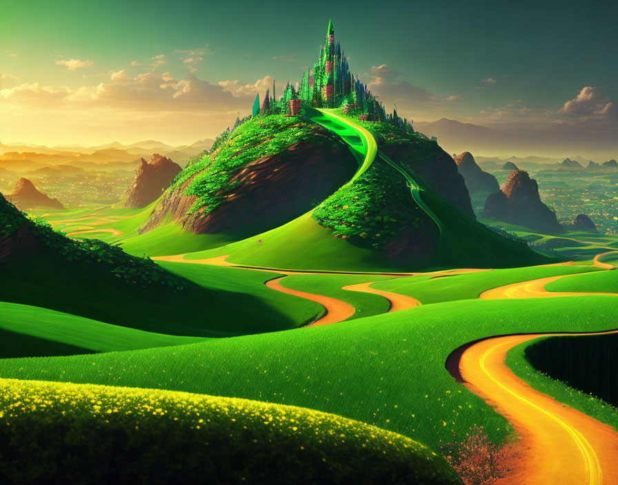 Vibrant fantasy landscape with green hills, yellow road, castle on mountain.