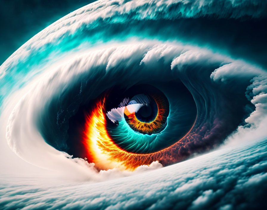 Surreal human eye with fiery vortex and swirling clouds on blue sky