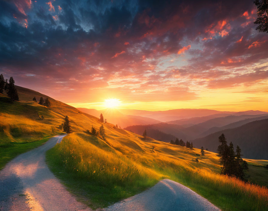 Scenic sunrise over winding road and hilly meadows