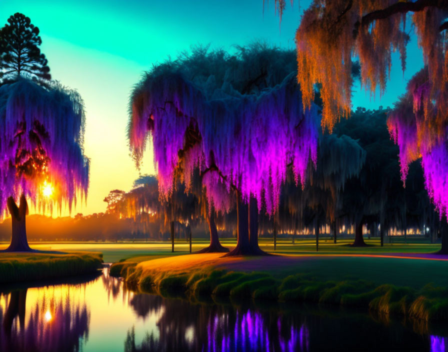 Colorful Sunset Silhouettes Trees with Spanish Moss Reflecting on Water