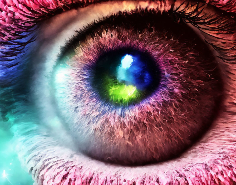 Detailed close-up of vibrant human eye with enhanced iris and eyelashes.