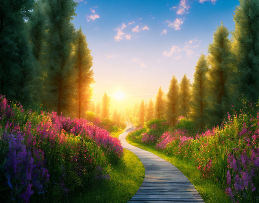 Tranquil Sunset Forest Path with Vibrant Flower Borders