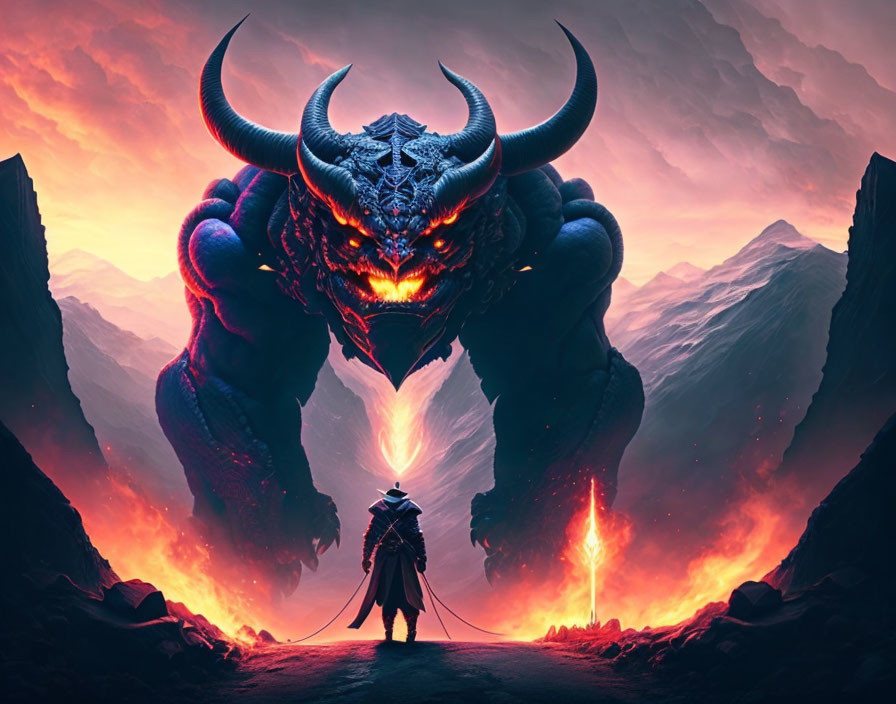 Warrior confronting horned beast in volcanic landscape with glowing mouth