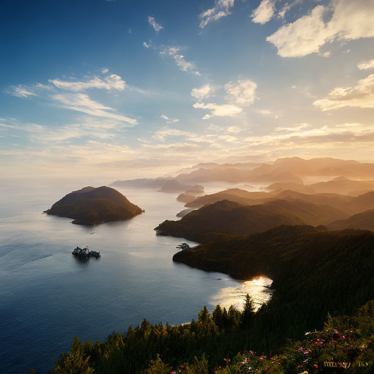 Tranquil coastal sunset with rolling hills and wildflowers