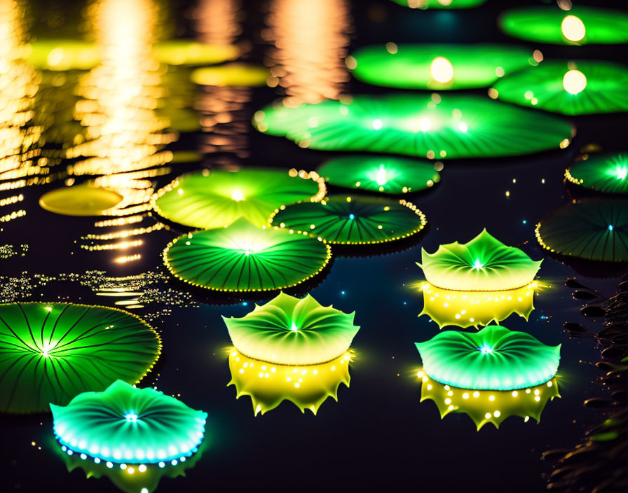 Night-time illuminated lily pad decorations on water: serene and magical ambiance.