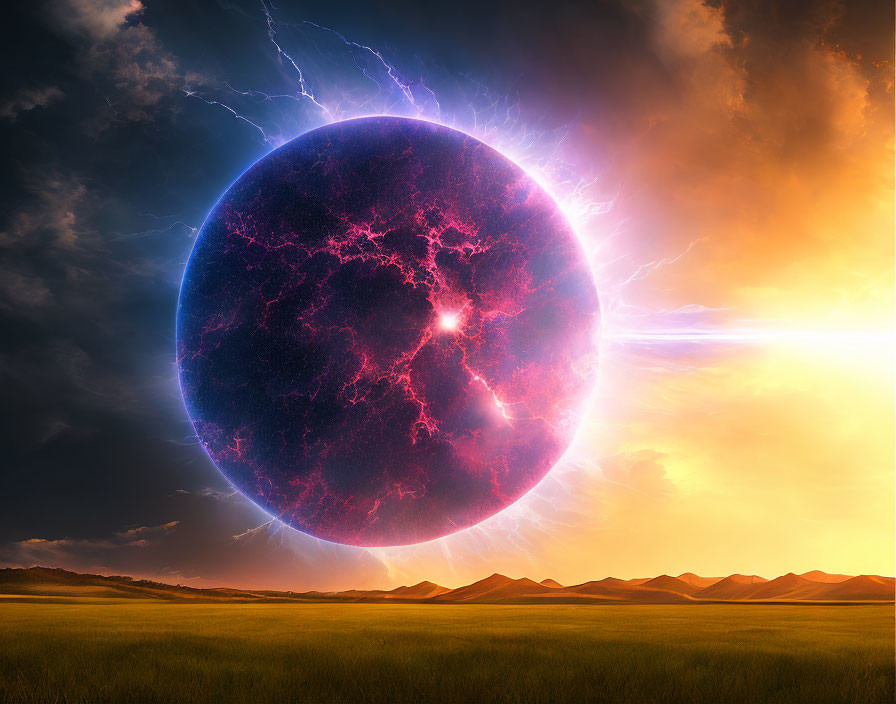 Surreal landscape with energy-charged sphere in orange sky