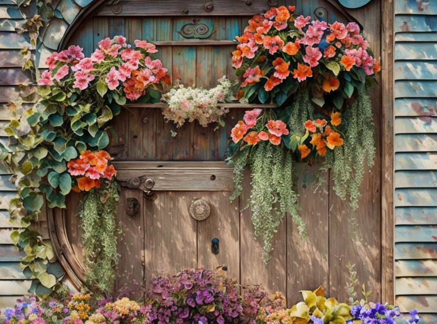 Vibrant flower baskets on rustic wooden door with hanging green plants