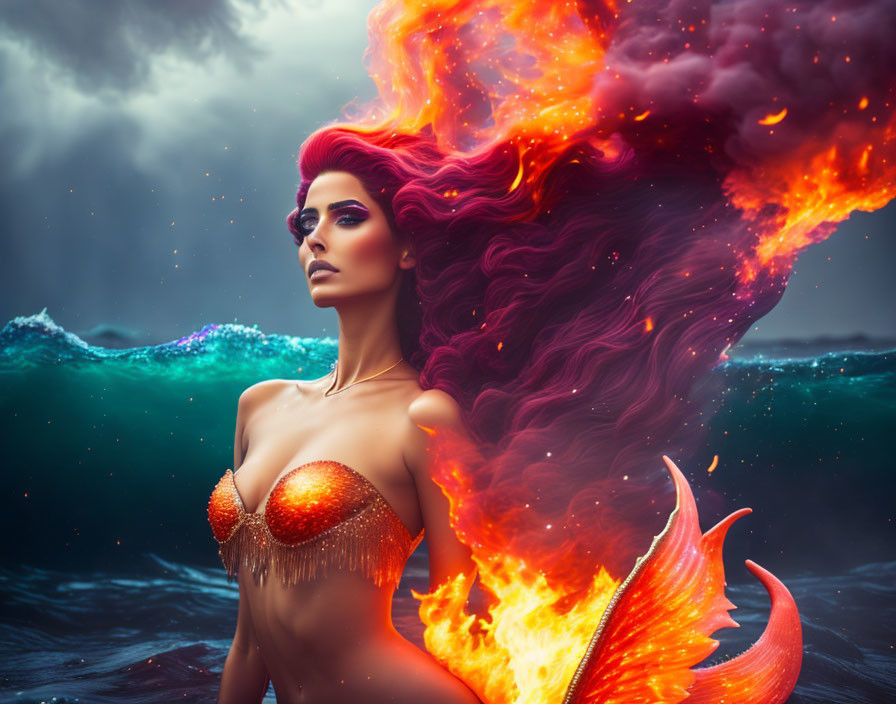 Fiery red-haired mermaid in turbulent ocean waves