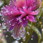 Pink Flower with Dew Drops on Petals and Foliage in Blurred Background