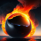 Surreal giant eye with fiery explosion in twilight sky