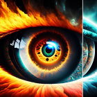 Close-up Digital Artwork: Human Eye with Fiery & Icy Cosmic Elements