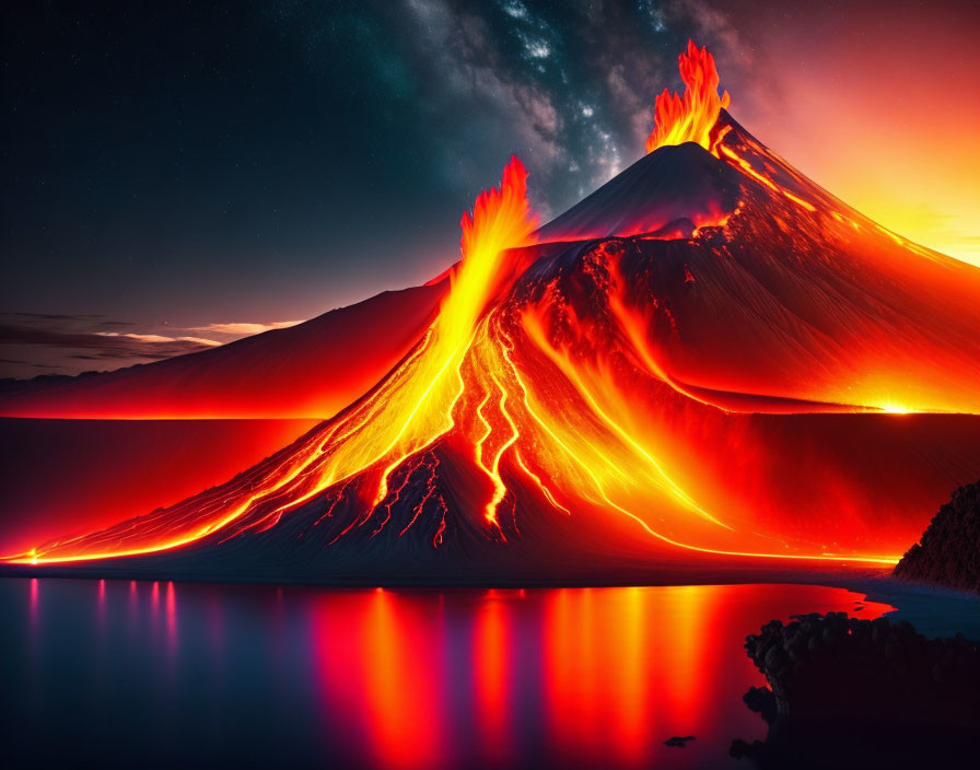 Nighttime volcano eruption with fiery lava flows into the sea