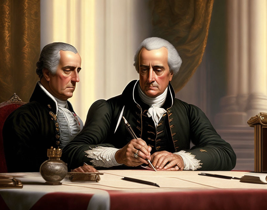 Historical figures in period clothing at desk with quill and inkwell