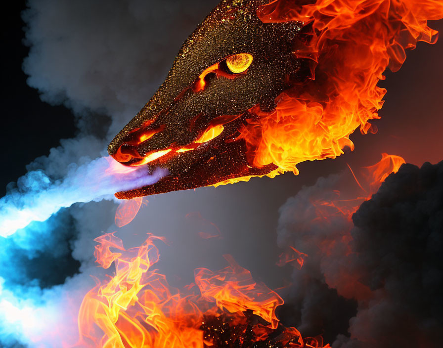 Sparkling dragon head exhales blue flames in fiery scene