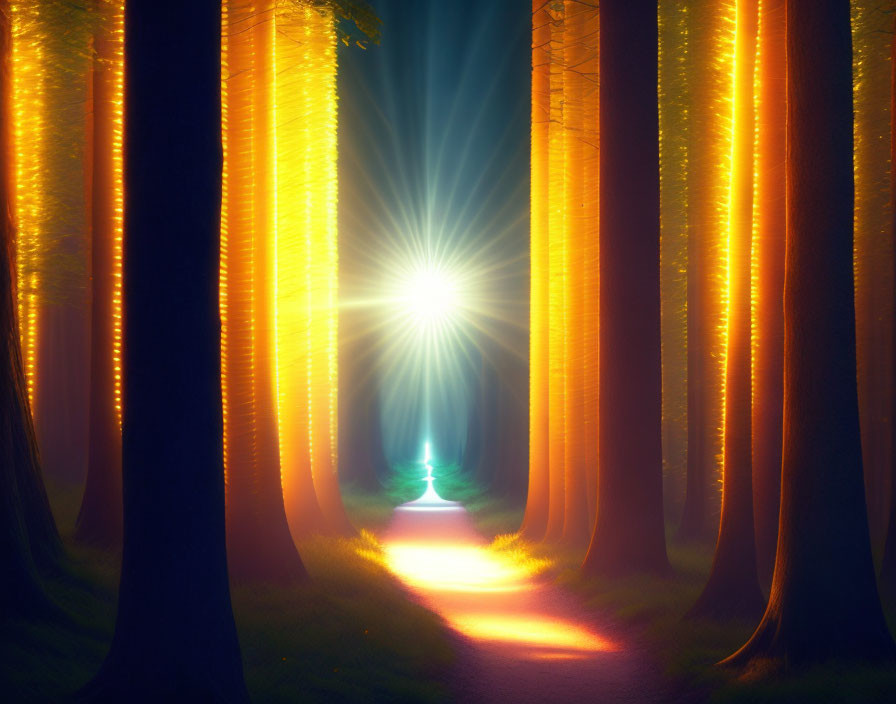 Enchanted forest pathway with ethereal light among tall trees