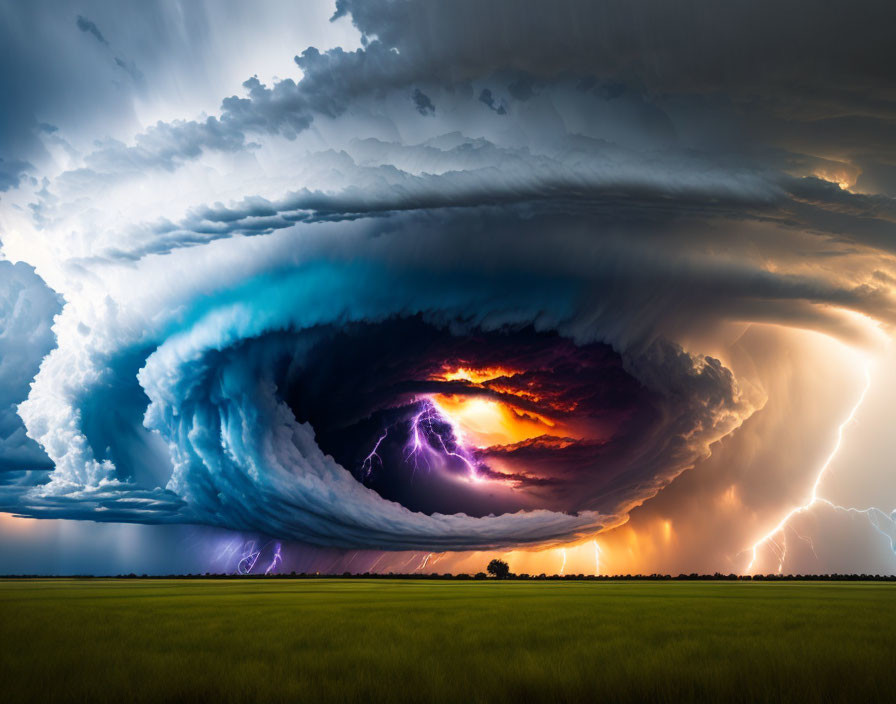 Vibrant lightning strikes in dramatic supercell thunderstorm