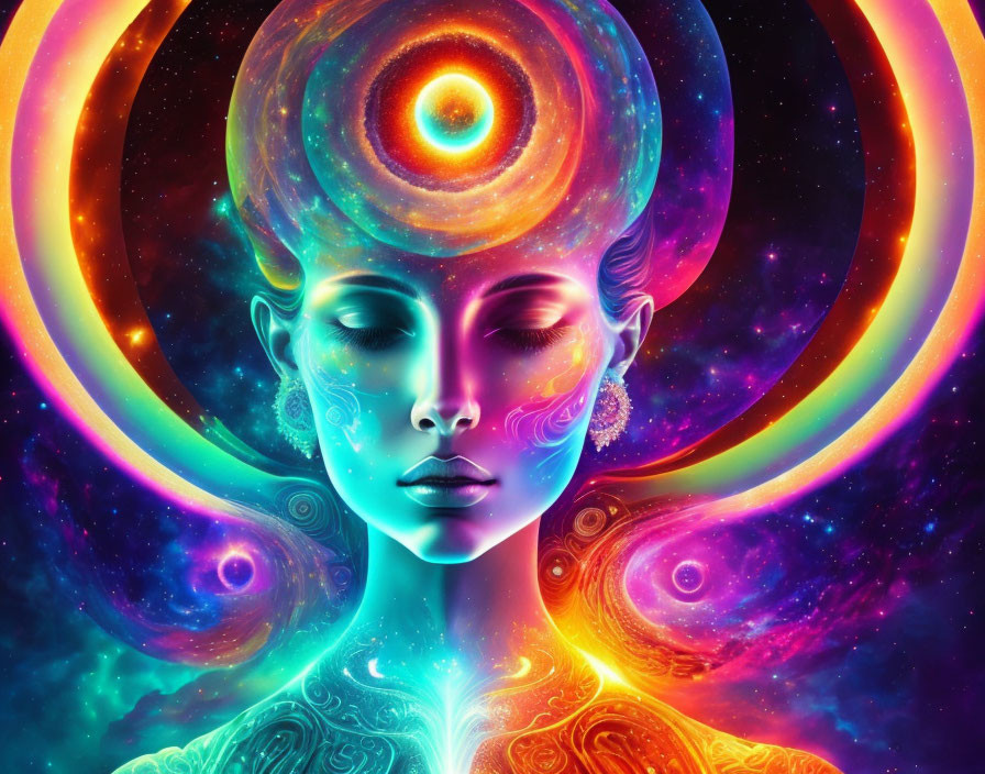 Colorful digital artwork: Woman's face in cosmic energy