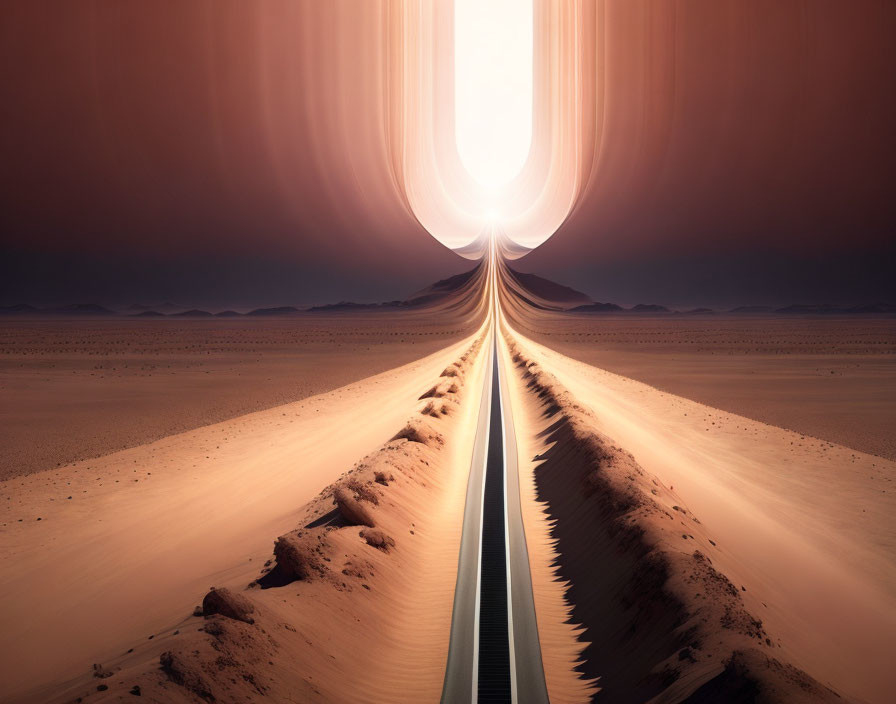 Surreal desert landscape with road and radiant horizon