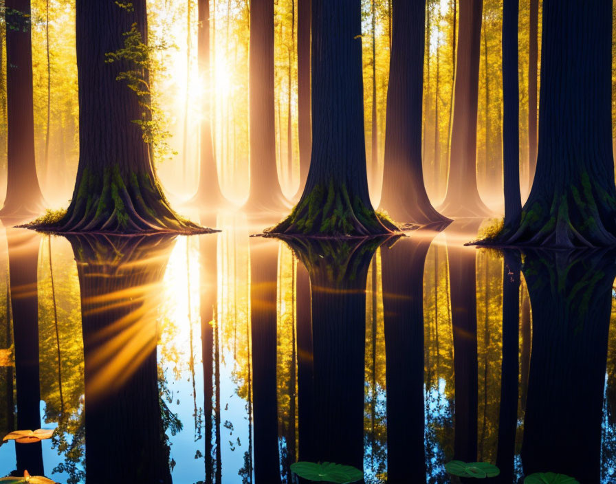 Misty forest sunrise over calm waters with tree reflections