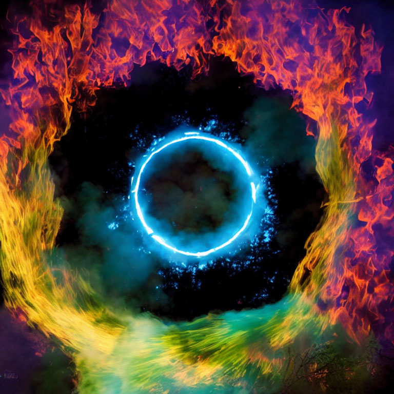 Circular fiery orange and blue portal against night backdrop with silhouetted trees