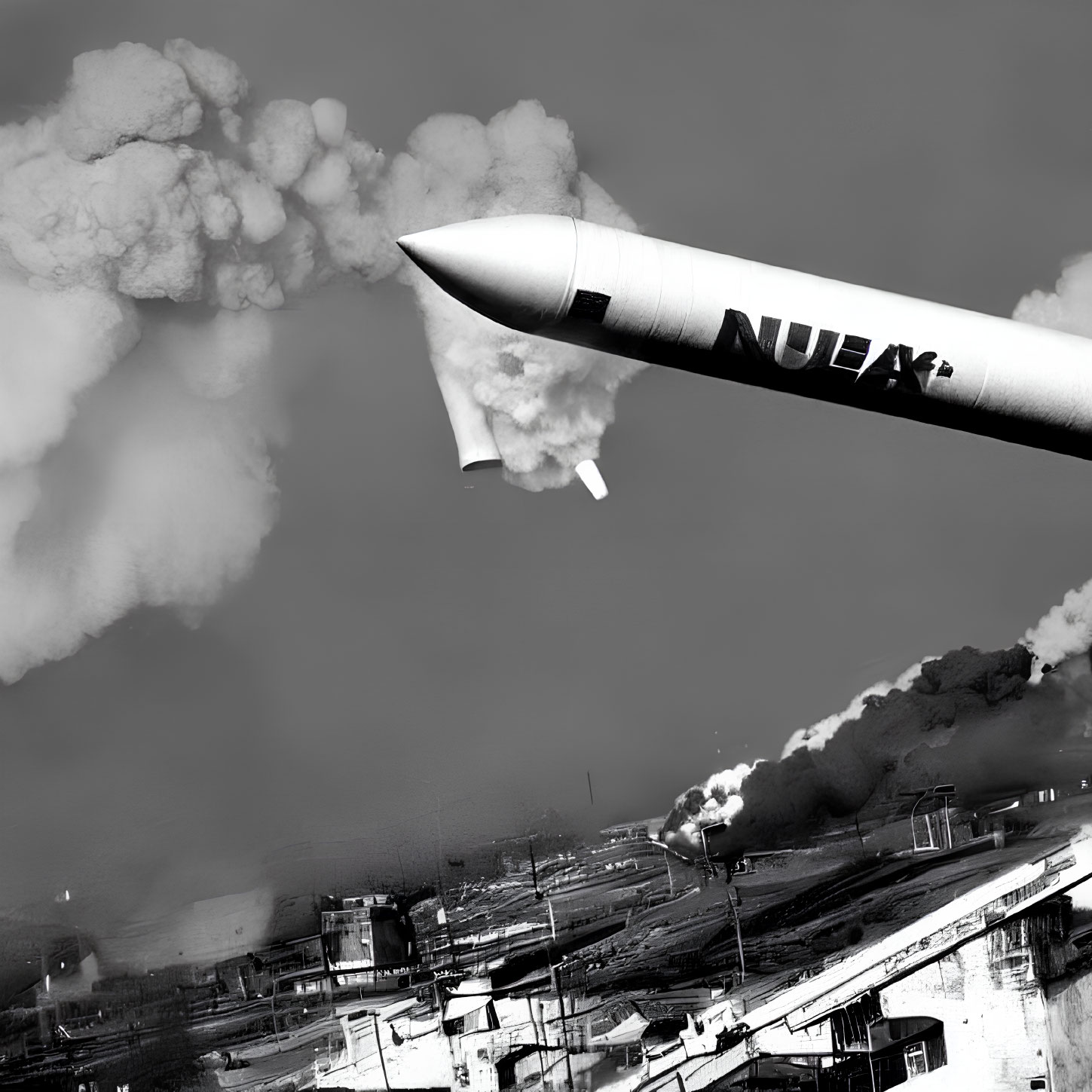 Monochrome rocket with "NUK-" mid-launch in industrial landscape