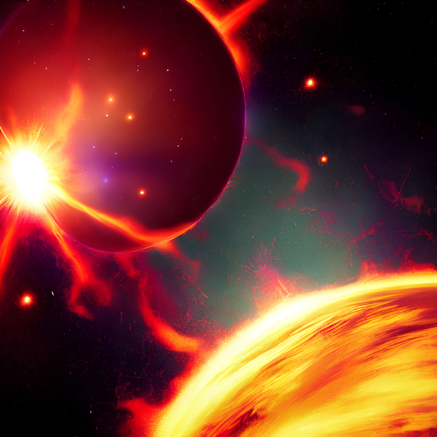 Bright star, exoplanet, moons, solar flares, nebula in cosmic scene