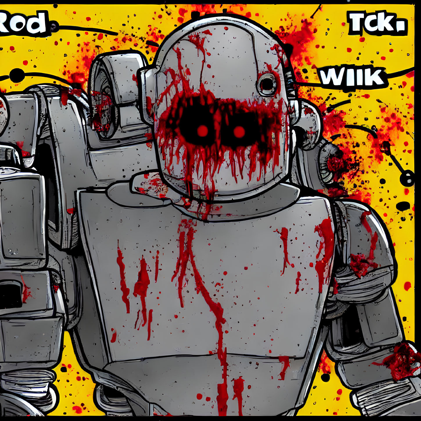 Robot illustration with red splatters on yellow background and onomatopoeic sounds.