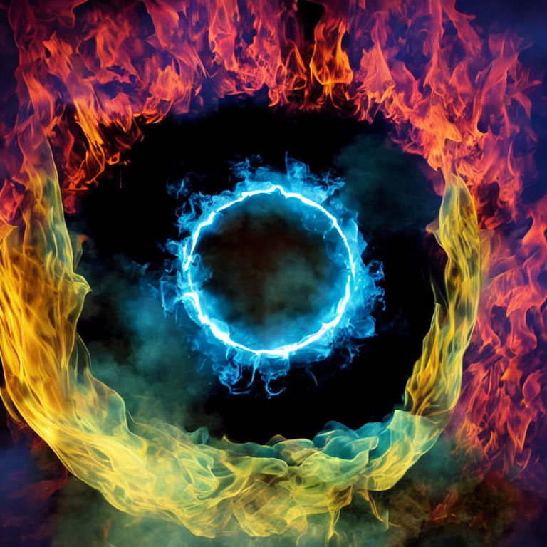 Vibrant blue energy circle with orange and red flames on dark background