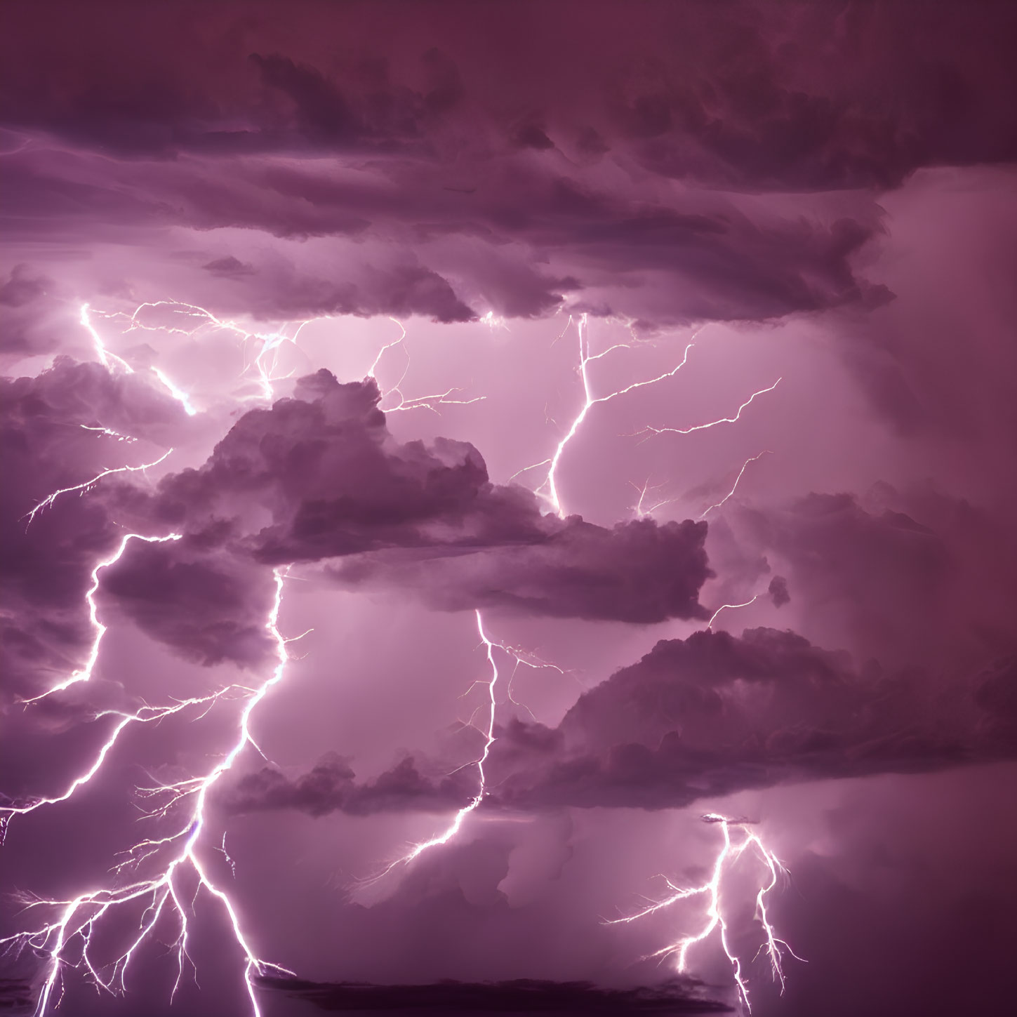 Dramatic purple sky with lightning strikes in dark clouds