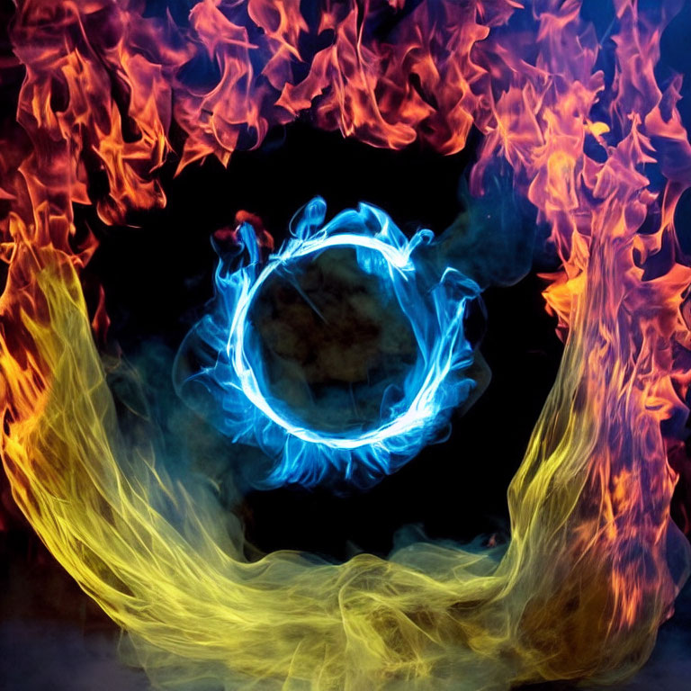 Colorful Flames Surround Blue Ring on Dark Background