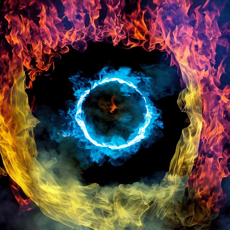Circular blue light surrounded by fiery orange and yellow flames on dark backdrop