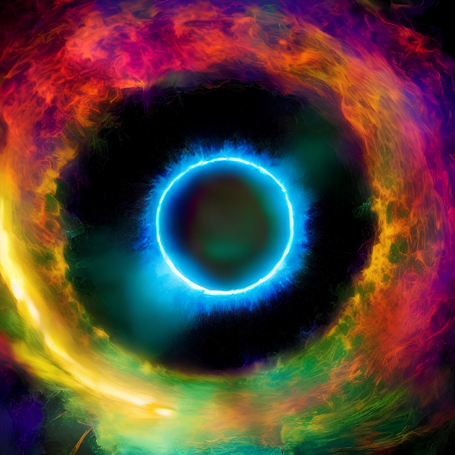 Colorful digital artwork: Eye-like nebula with blue ring and swirling colors