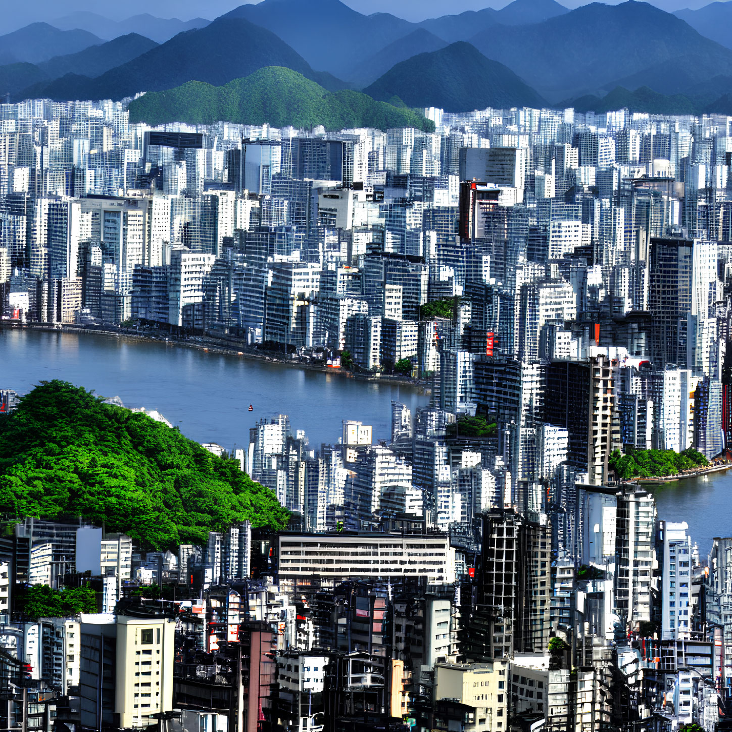 Urban skyline with high-rise buildings by river and mountains.