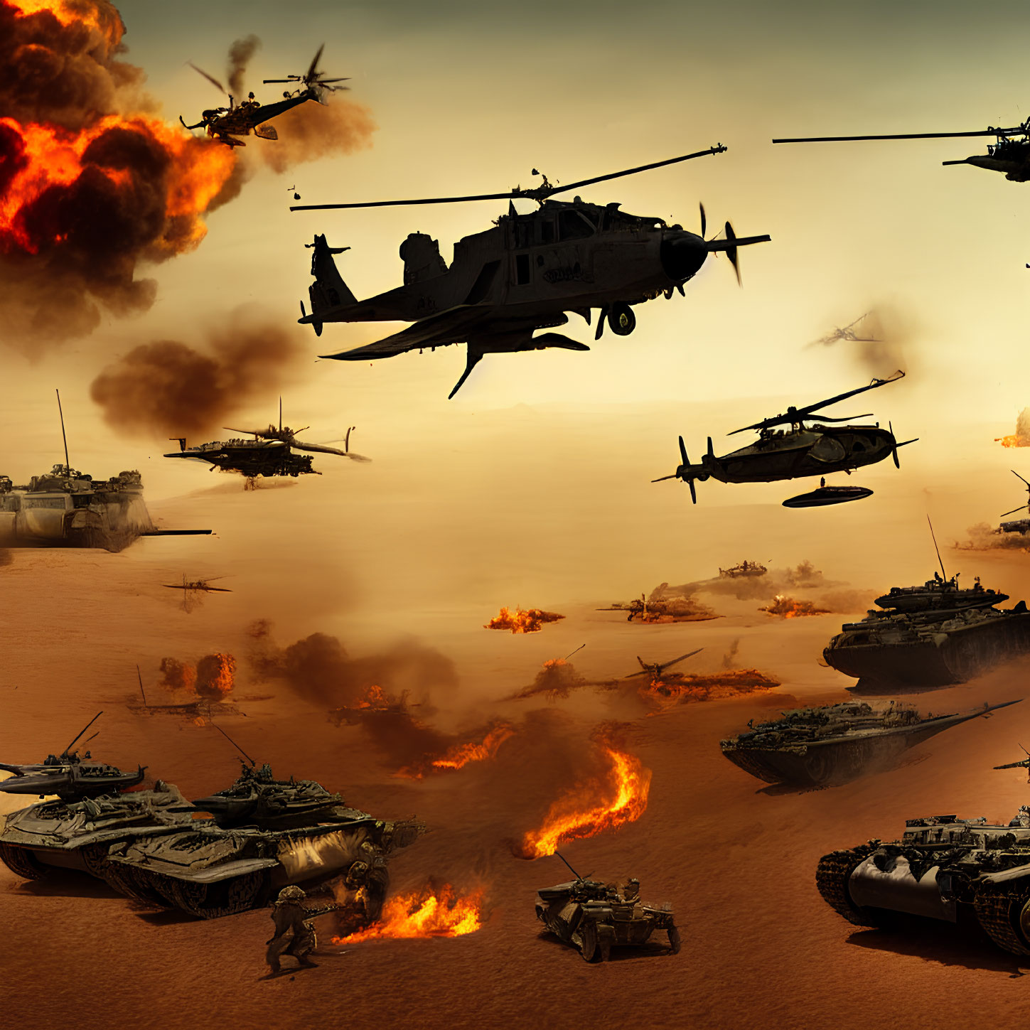 Intense desert battle with helicopters, tanks, and explosions