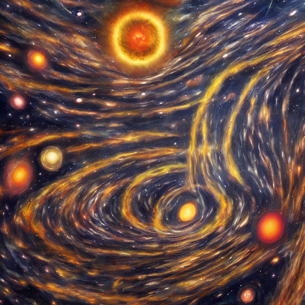 Colorful Cosmic Scene with Swirling Patterns and Celestial Bodies