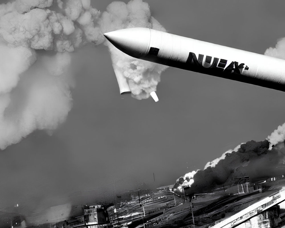 Monochrome rocket with "NUK-" mid-launch in industrial landscape