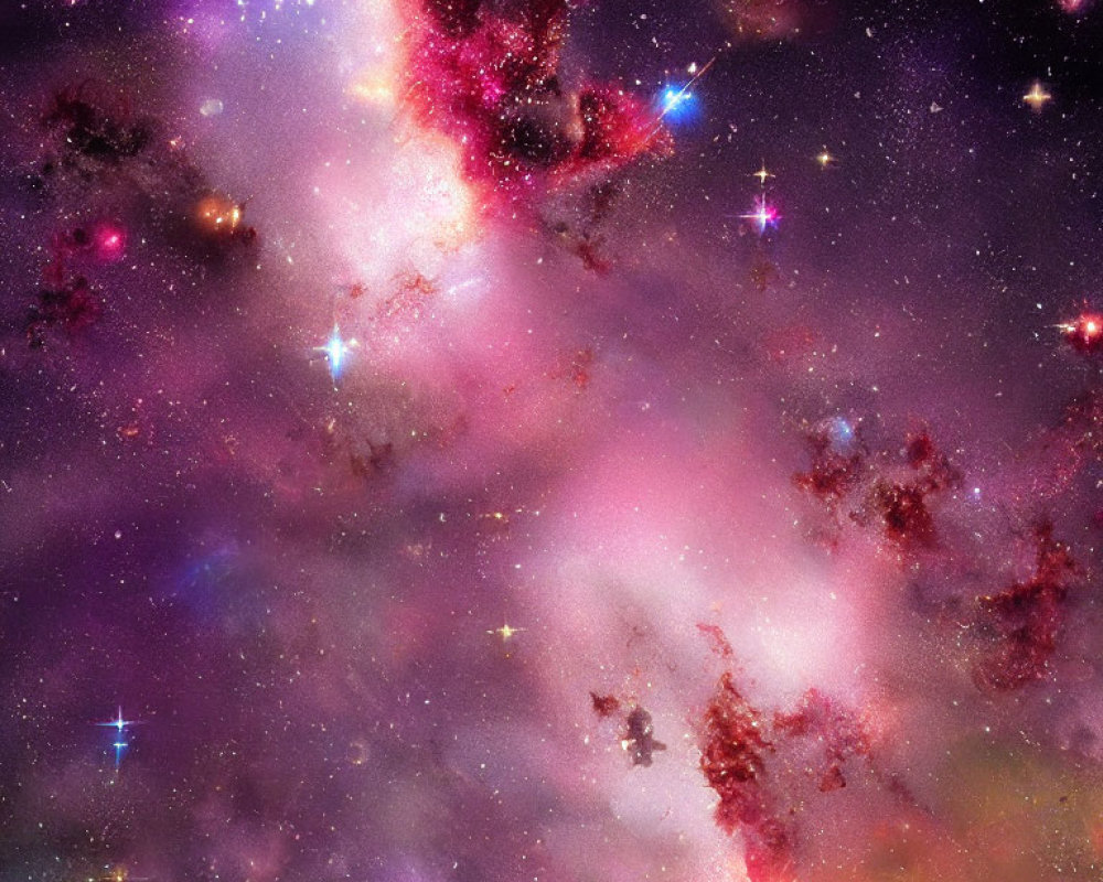 Colorful cosmic scene with purple, pink, and red nebulae and scattered stars