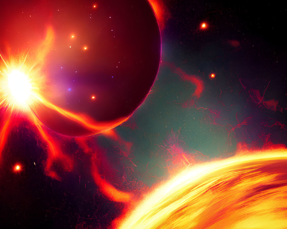 Bright star, exoplanet, moons, solar flares, nebula in cosmic scene