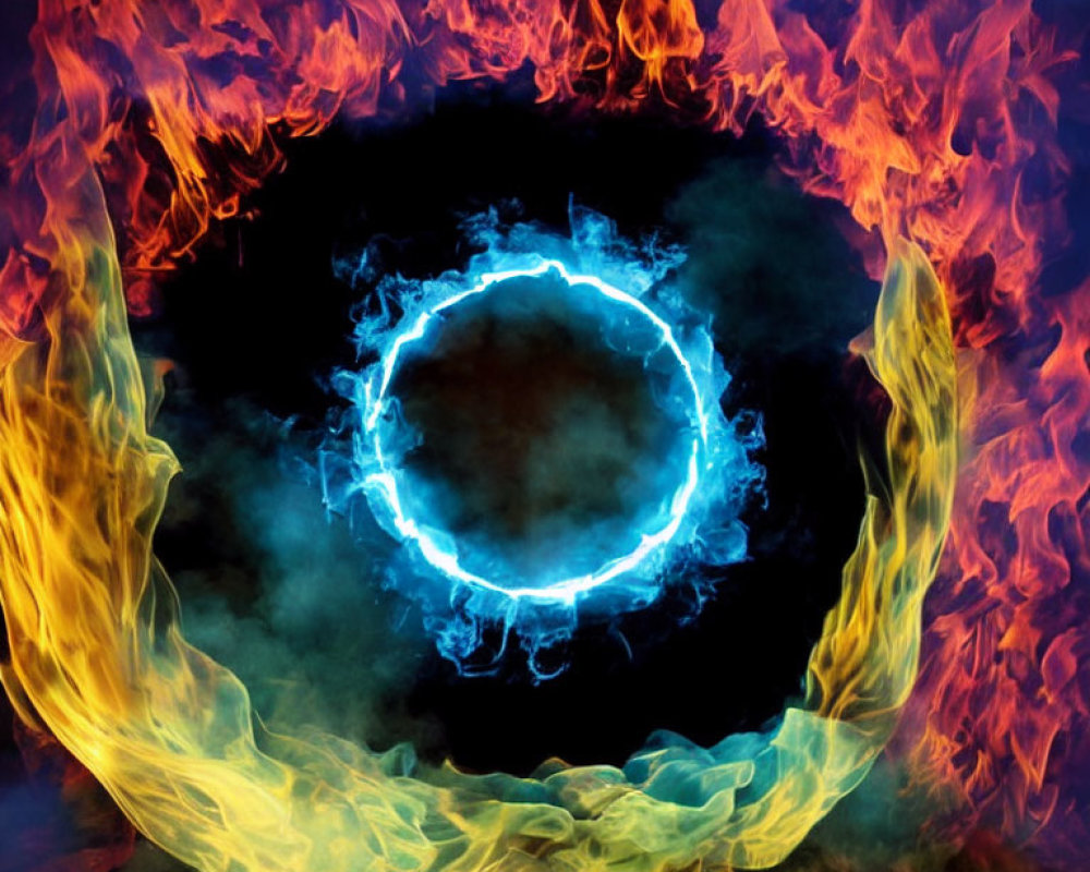 Vibrant blue energy circle with orange and red flames on dark background