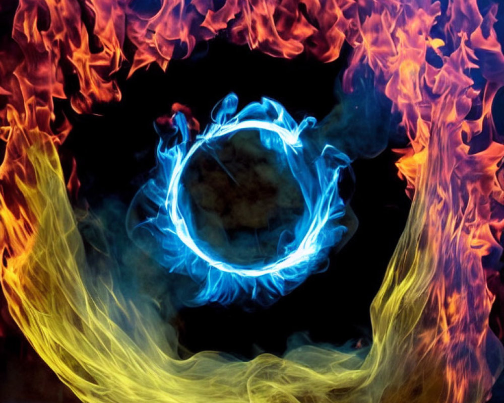 Colorful Flames Surround Blue Ring on Dark Background