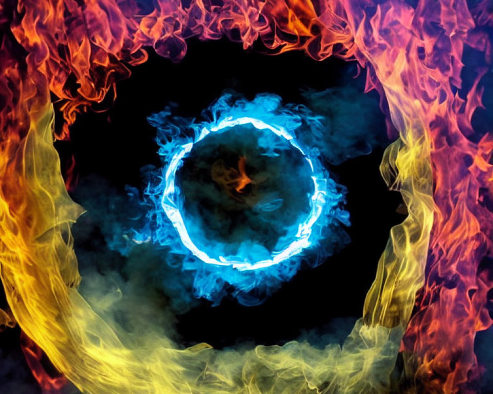 Circular blue light surrounded by fiery orange and yellow flames on dark backdrop