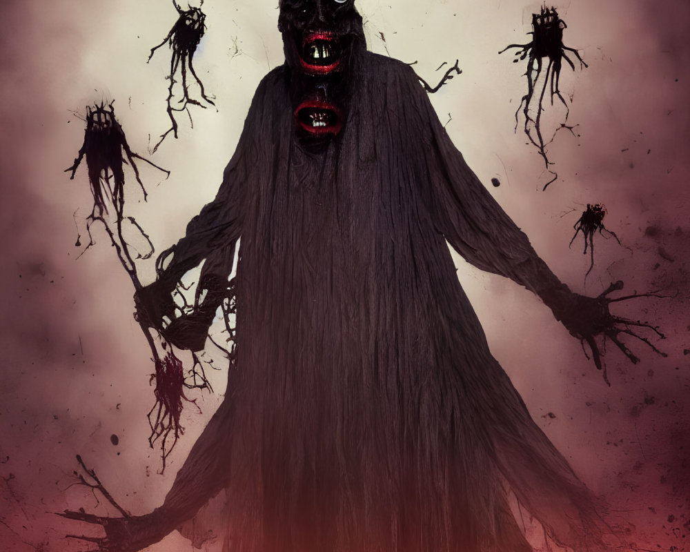 Sinister figure with red glowing eyes and screaming mouths in dark setting.