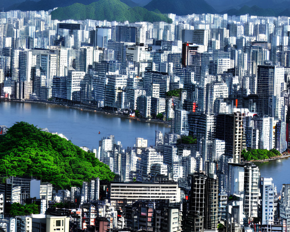 Urban skyline with high-rise buildings by river and mountains.