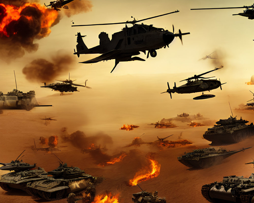 Intense desert battle with helicopters, tanks, and explosions